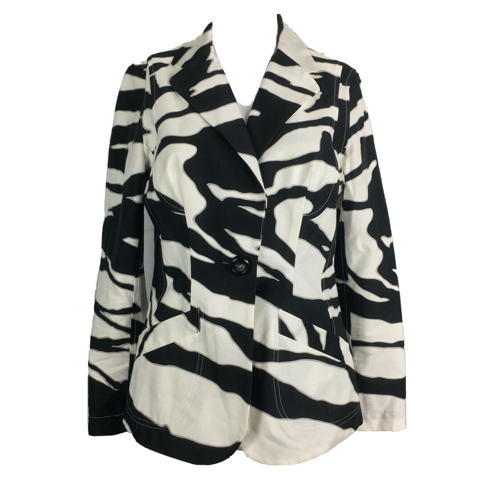 Charles Chiang Lima Blazer Jacket Womens Sz 6 White Animal Print Cotton Stretch